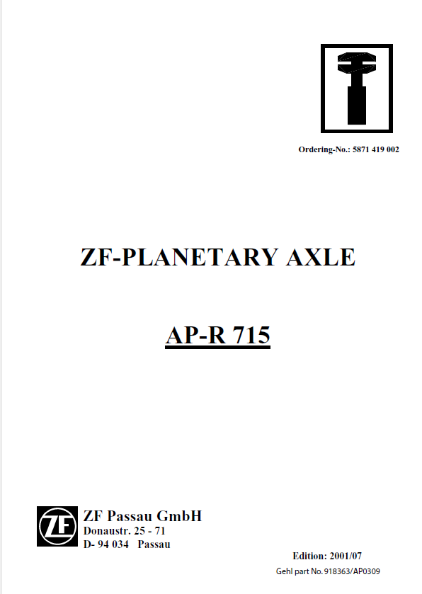 Mustang ZF Planetary Axle AP-R 715 Service Manual 918363-REVA PDF