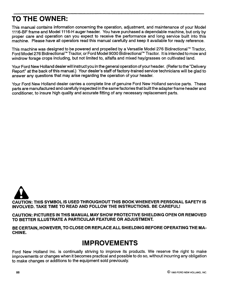 New Holland 1116-BF 1116-H Auger Header Operator Manual PDF