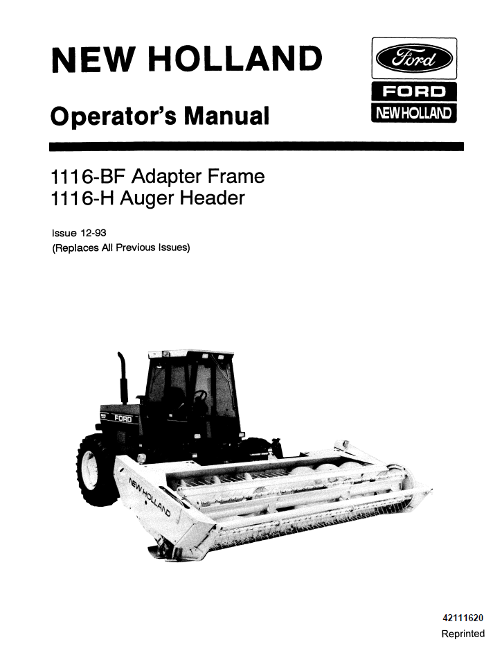 New Holland 1116-BF Adapter Frame 1116-H Auger Header Manual