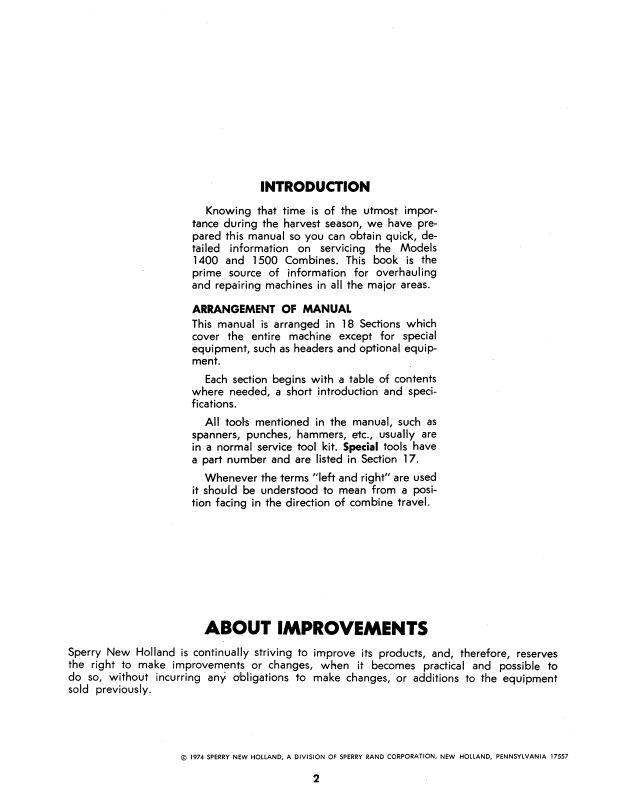 New Holland 1400, 1500 Combine Workshop Manual 40481300 PDF