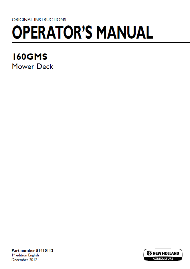 New Holland 160GMS Mower Deck Operator Manual 51410112 PDF