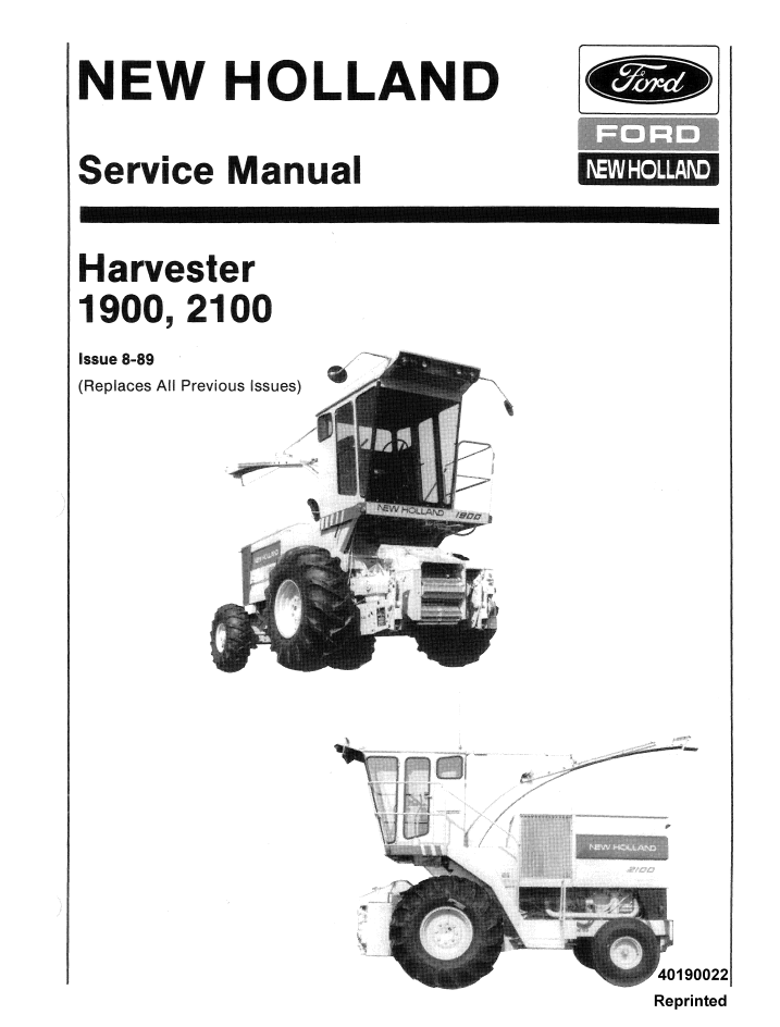 New Holland 1900, 2100 Harvester Service Manual 40190022 PDF