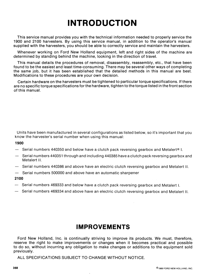 New Holland 1900 & 2100 Harvester Workshop Manual 40190022 PDF