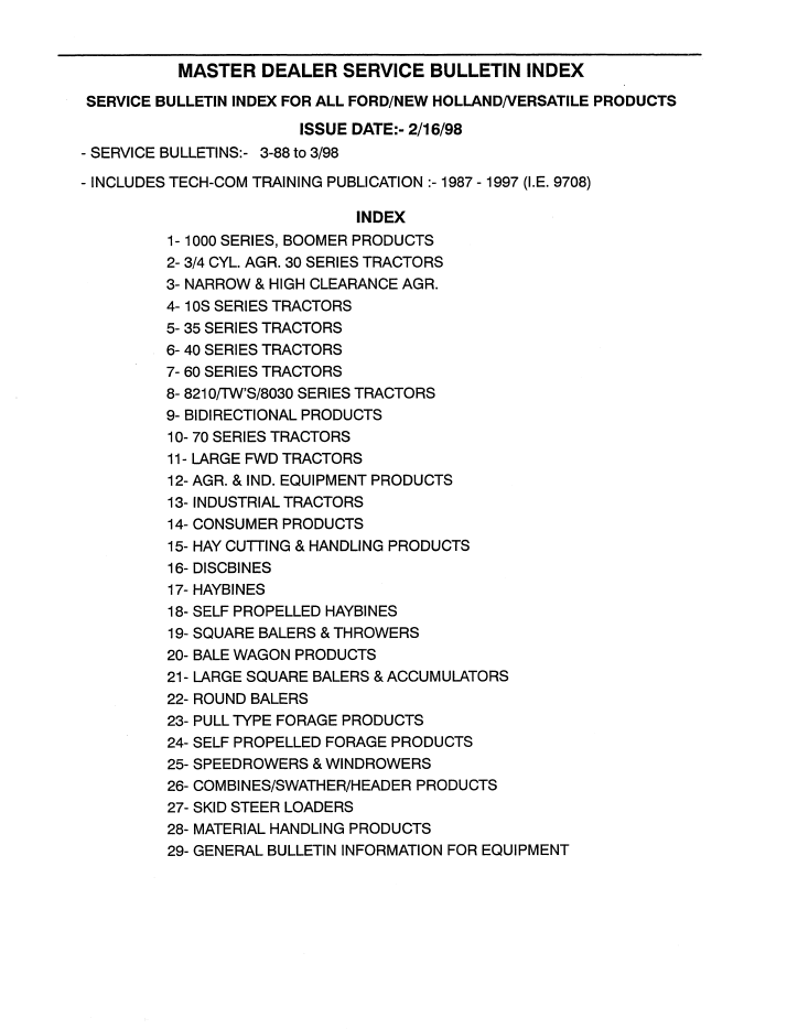 New Holland 3-88 to 3-98 Bulletin Master Index Repair Manual 40991792