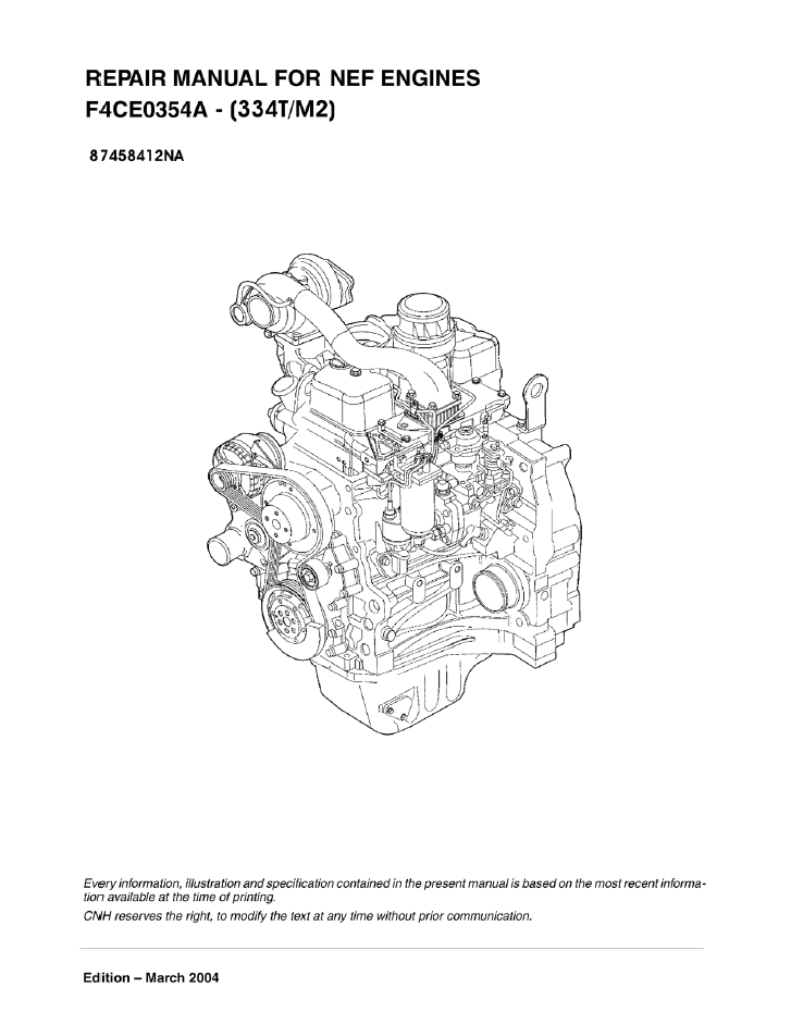 New Holland 334T/M2 Engine Repair Manual 87458412NA PDF