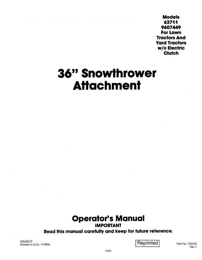 New Holland 36 Inch Snow Thrower Operator's Manual No Electric Clutch (Pub. No. 42643612)