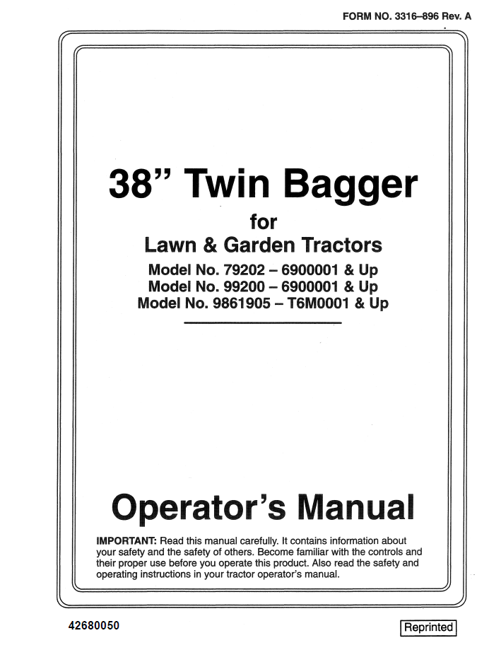 New Holland 38 Inch Twin Bagger Lawn & Garden Tractor Operator's Manual (Pub. No. 42680050)