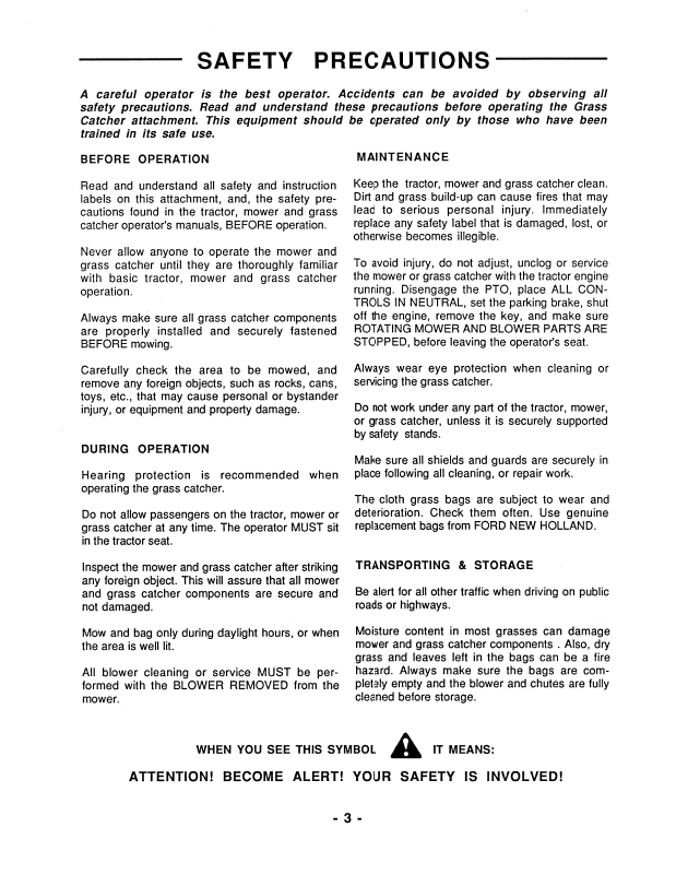 New Holland 41641400 Ford YT & LGT Grass Collector Operator Manual