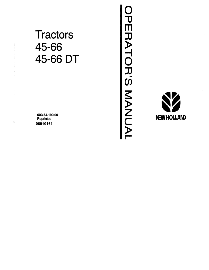 New Holland 45-66 & 45-66 DT Tractor Operator Manual 06910161