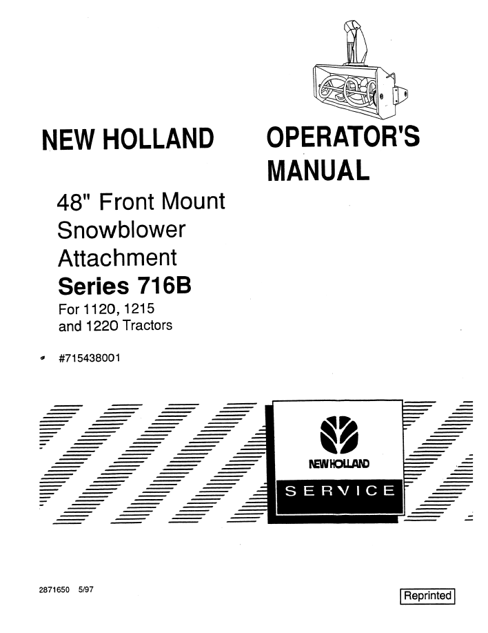 New Holland 48 Front Mount Snowblower Attachment Series 716B 1120 1215 1220 Tractor Service Manual (42871650 PDF)