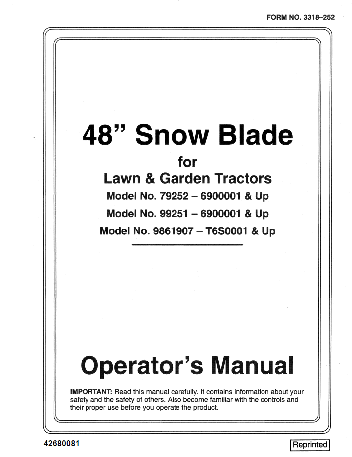 New Holland 48 Inch Snow Blade Lawn & Garden Tractor Operator's Manual (Pub. No. 42680081)