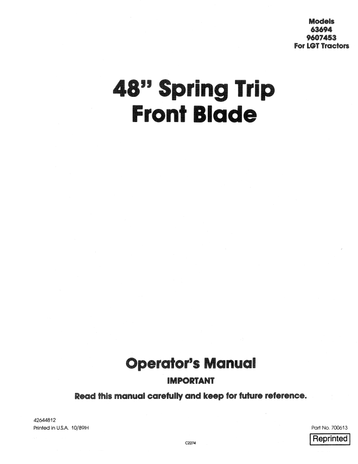New Holland 48 Inch Spring Trip Front Blade LGT Operator's Manual (Pub. No. 42644812)