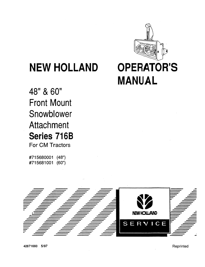 New Holland 48 and 60 Front Mount Snowblower Attachment Series 7168 EM Tractor Operator Manual (42871660 PDF)