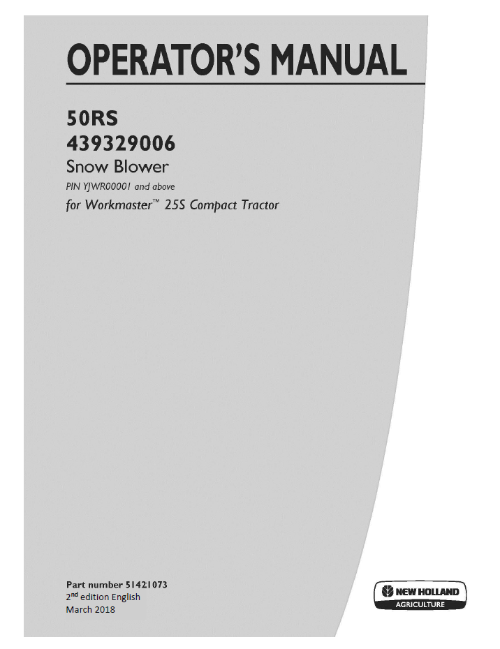 New Holland 50RS Snow Blower Operator Manual 51421073 PDF
