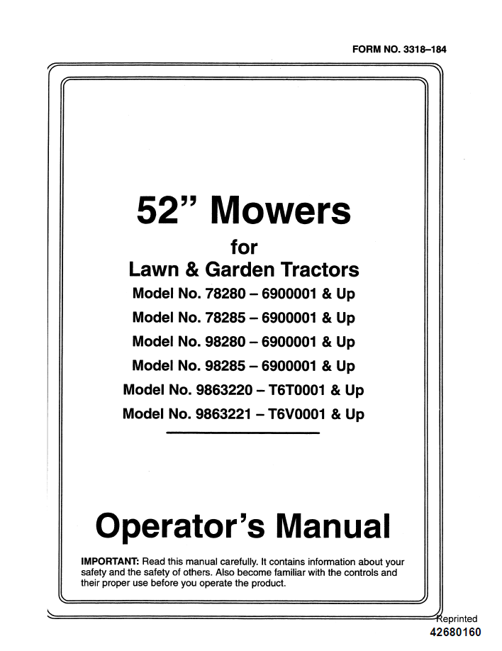 New Holland 52 Inch Mower Lawn Tractor Operator's Manual (Pub. No. 42680160)