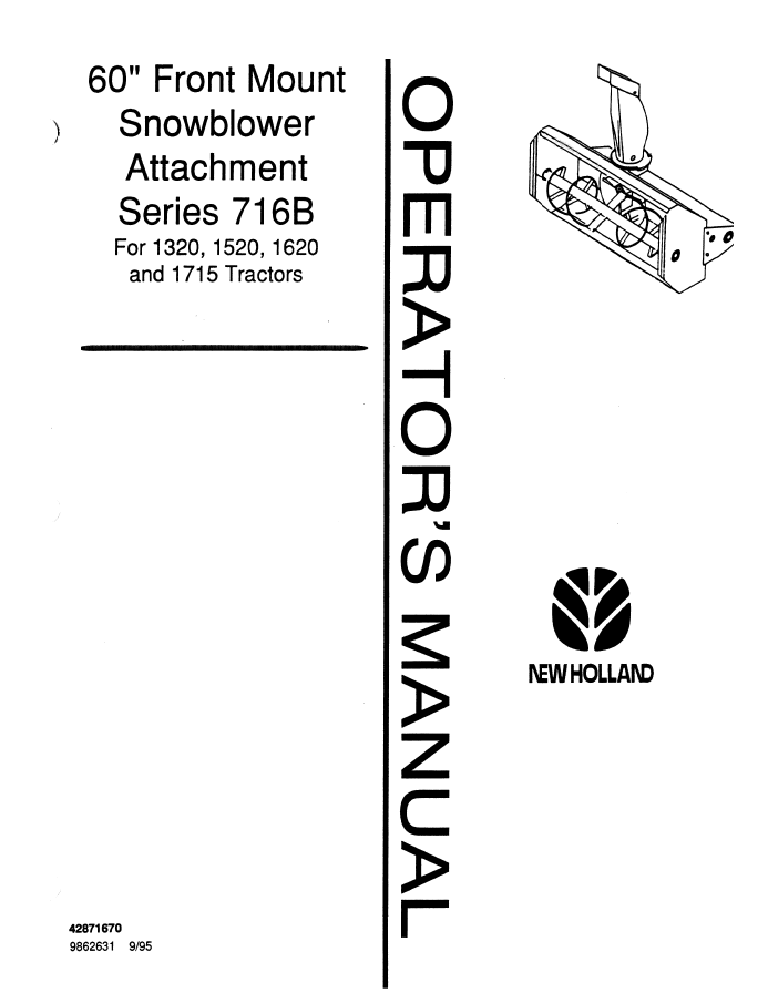 New Holland 60 Front Mount Snowblower Attachment Series 7168 1320 1520 1620 and 1715 Tractor Operator Manual (42871670 PDF)