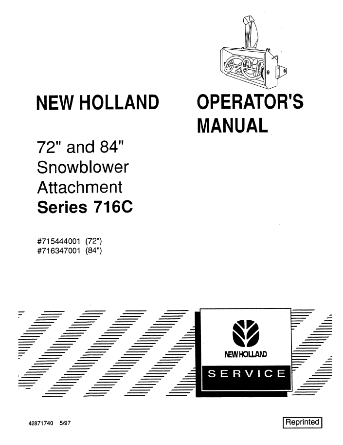 New Holland 72 and 84 Snowblower Attachment Series 716C Operator Manual (42871740 PDF)