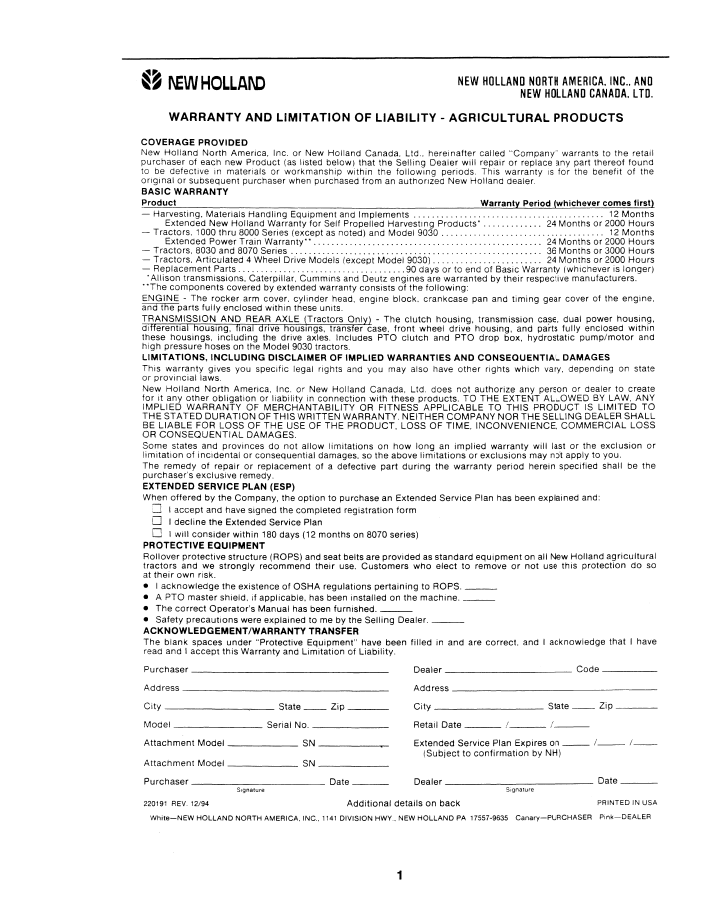 New Holland 7414 Tractor Loader Attachment Handbook 43741410 (PDF)