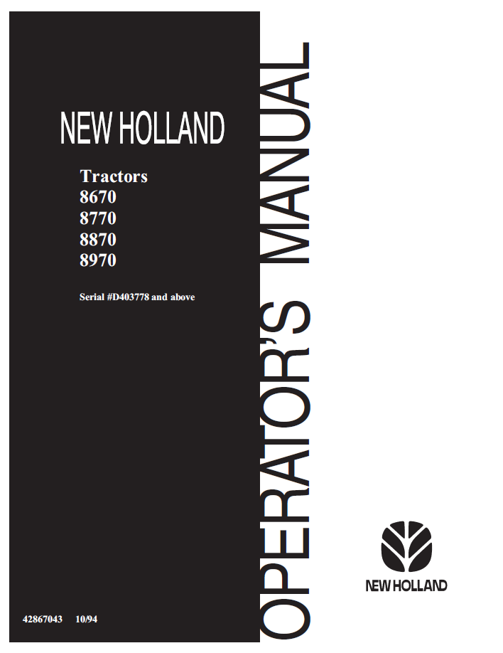 New Holland 8670 8770 8870 8970 Tractor Operator Manual (42867043 PDF)