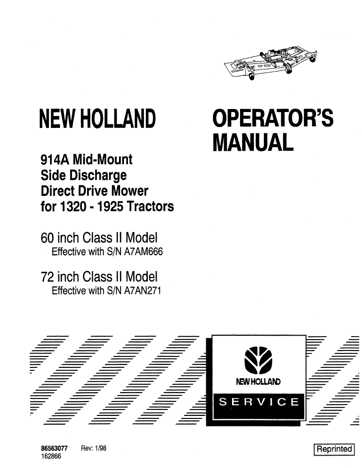 New Holland 914A 60 72 Mid-Mount Mower Manual 86563077 PDF