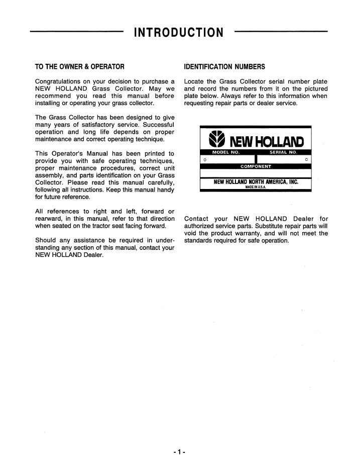 New Holland 914A Grass Collector Attachment Manual 42641233