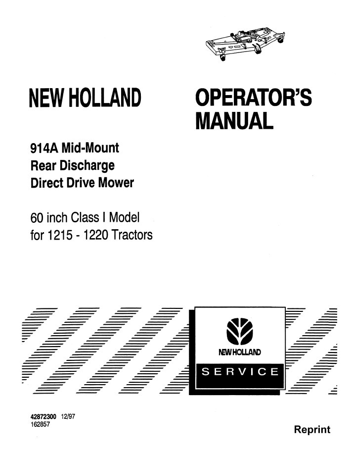 New Holland 914A Mid-Mount 60 Inch Class I Rear Discharge Direct Drive Mower 1215 1220 Tractor Operator Manual (42872300 PDF)