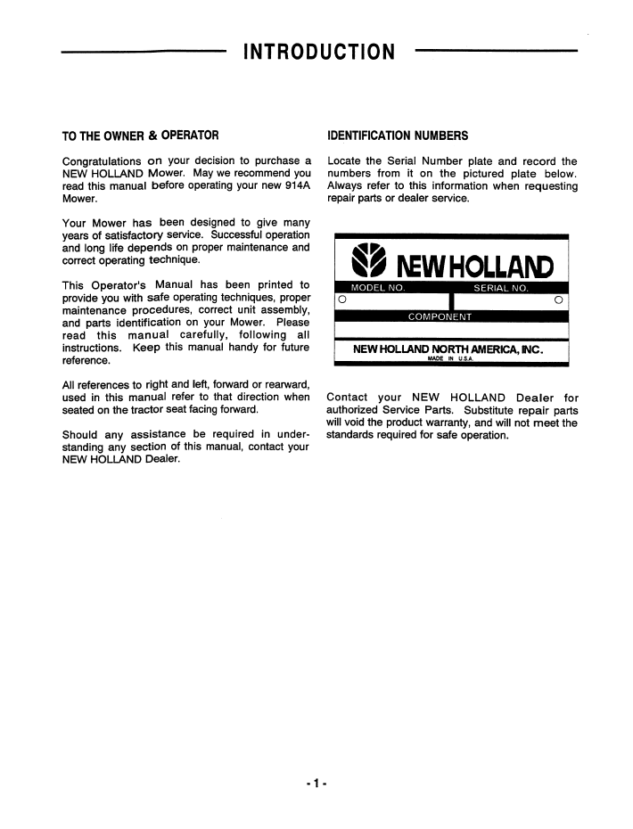 New Holland 914A Mid-Mount Direct Drive Mower Manual 42091420