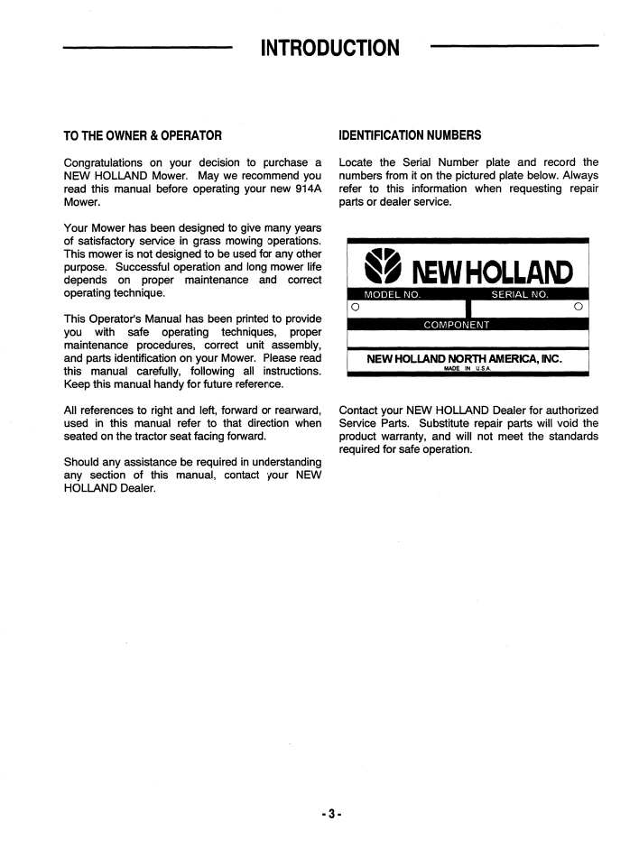 New Holland 914A Mower Operator Manual for 1320-1925 Tractors 86563077
