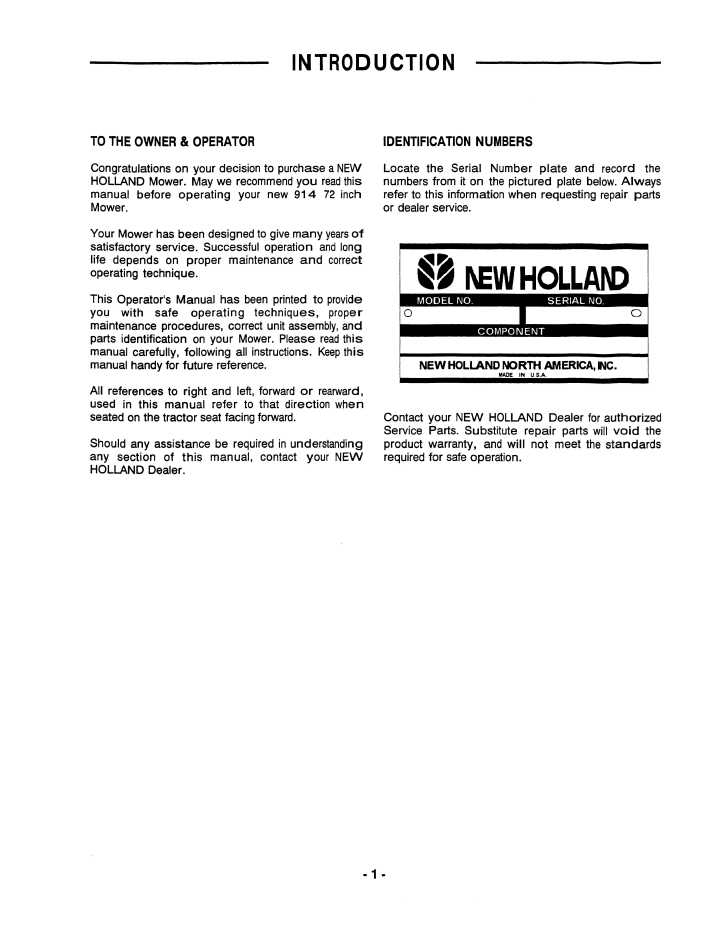 New Holland 914 Mid-Mount Direct Drive 72 Mower Manual 42091417