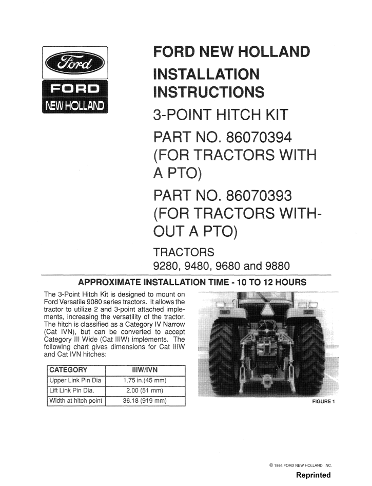 New Holland 9280, 9480, 9680, 9880 Tractor Operator Manual 41895300