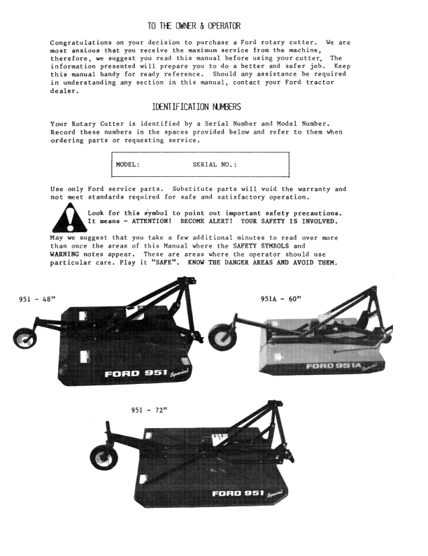 New Holland 951 951A 48 60 72 Rotary Cutter Operator Manual
