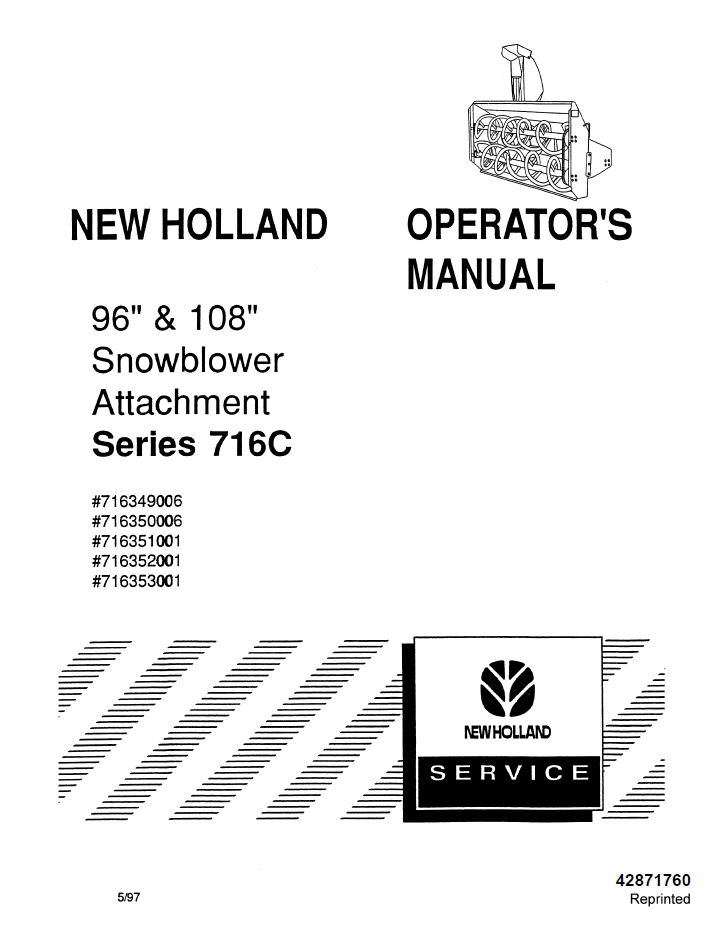 New Holland 96 108 Snowblower 716C Operator Manual 42871760