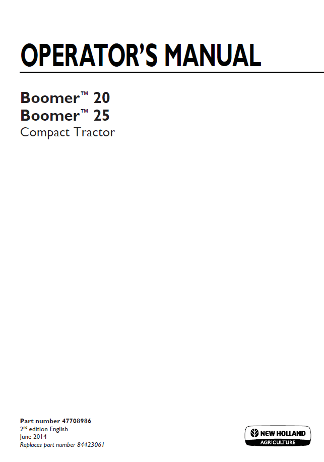 New Holland Boomer 20 & 25 Compact Tractor Operator Manual (47708986)