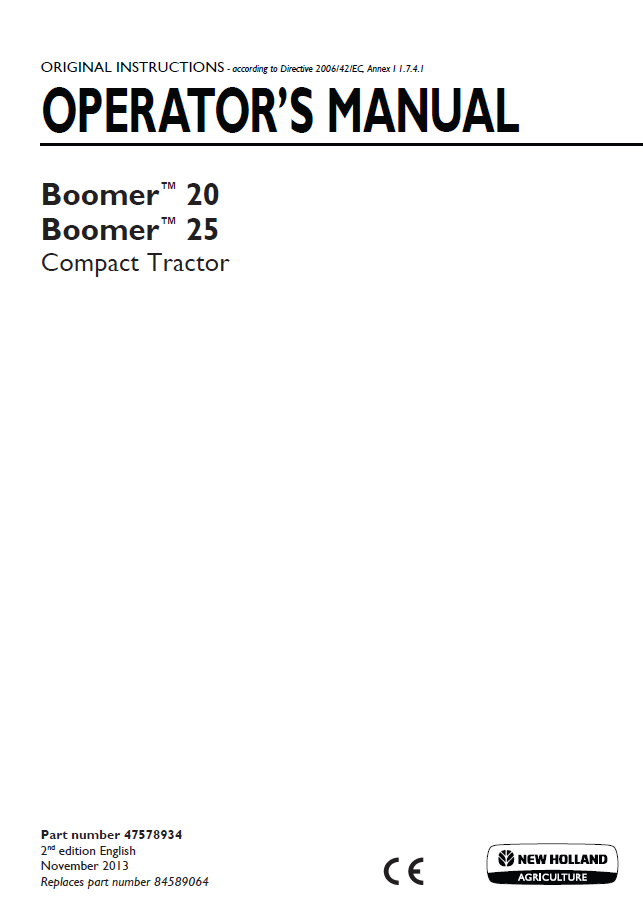 New Holland Boomer 20 & Boomer 25 Compact Tractor Operator Manual (Pub. No. 47578934)