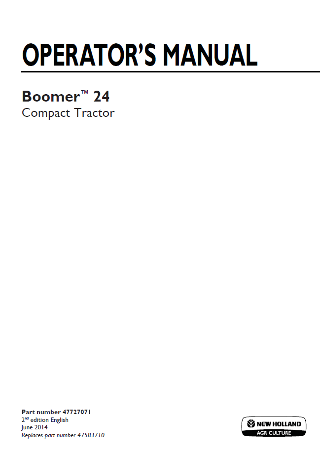 New Holland Boomer 24 Compact Tractor Operator Manual | 47727071