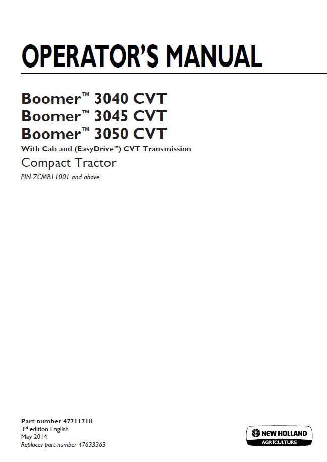 New Holland Boomer 3040, 3045 & 3050 CVT Transmission Compact Tractor Operator Manual (47711718)