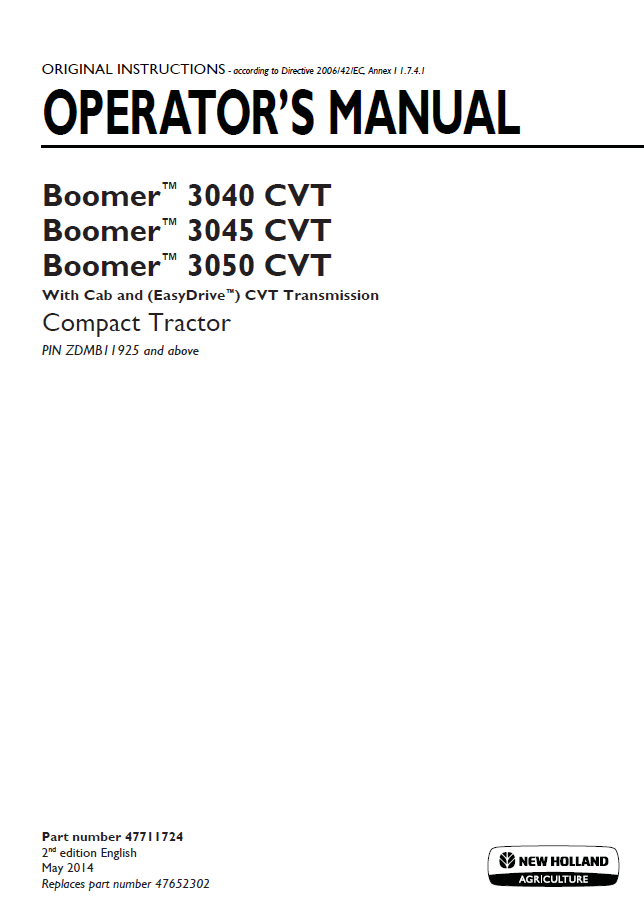 New Holland Boomer 3040, 3045 & 3050 CVT Transmission Compact Tractor Operator Manual (47711724)