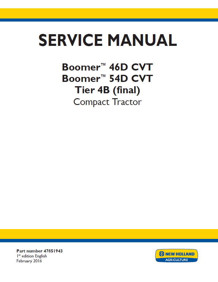 New Holland Boomer 46D 54D CVT Compact Tractor Service Manual 47851943