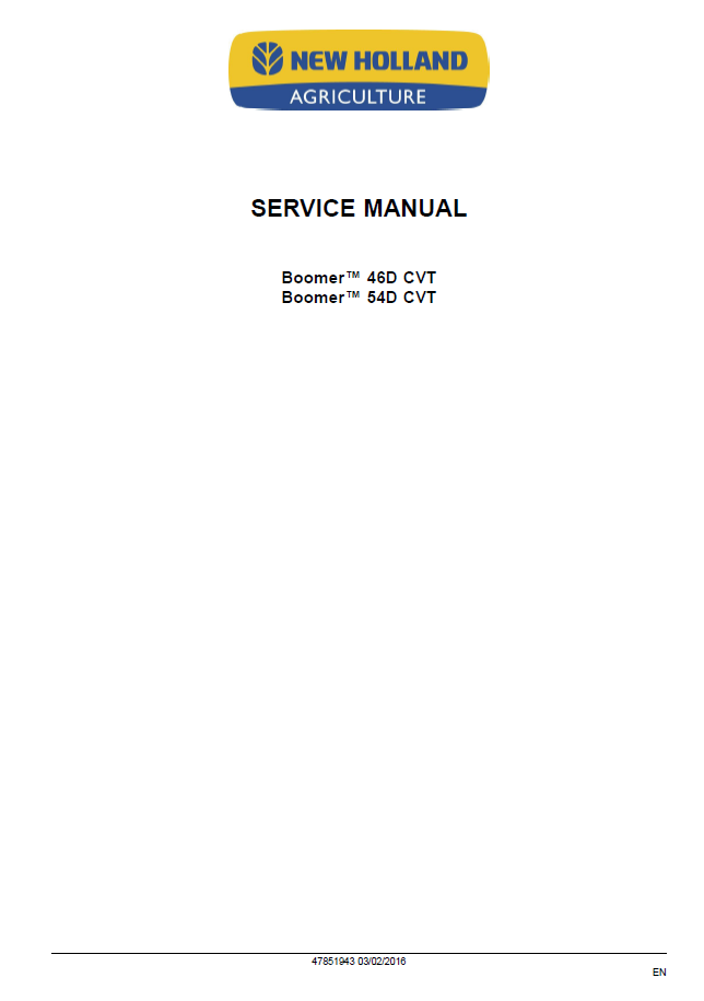 New Holland Boomer 46D 54D Tier 4B CVT Service Manual 47851943