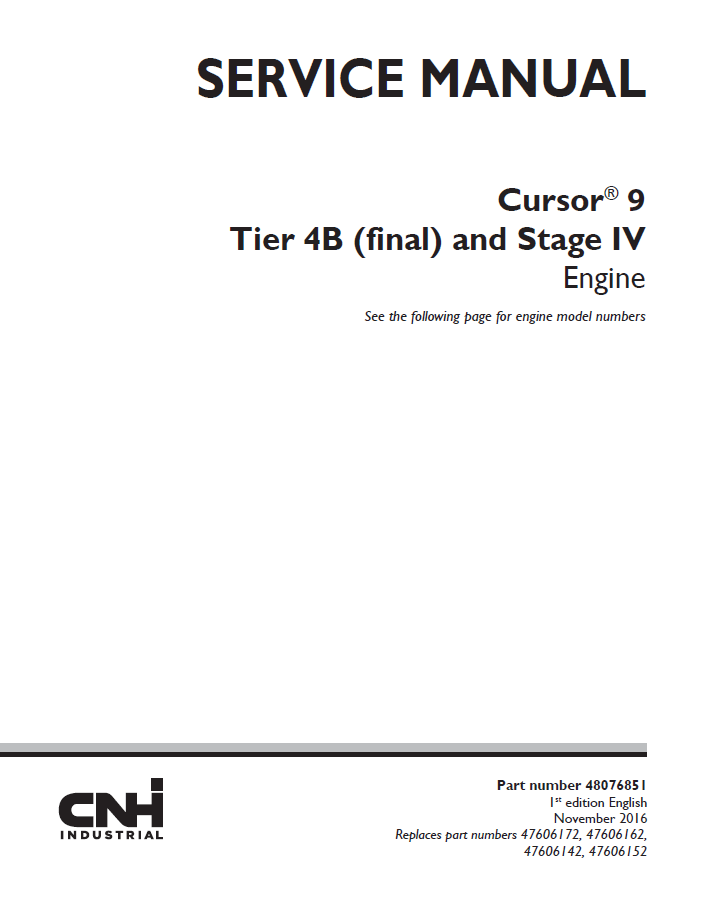 New Holland CNH Cursor 9 Tier 4B Stage IV Engine Service Manual | 48076851