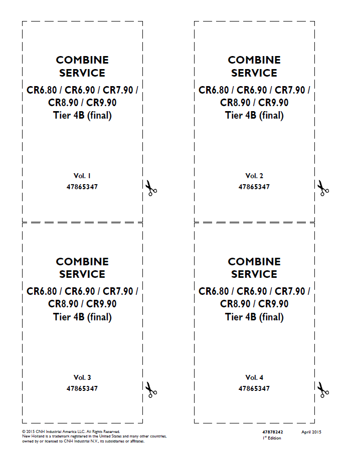 New Holland CR6.80 to CR9.90 Tier 4B Combine Service Manual (Part No. 47878242)