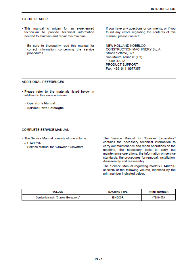 New Holland E140CSR Crawler Excavator Service Manual (47381457A PDF)