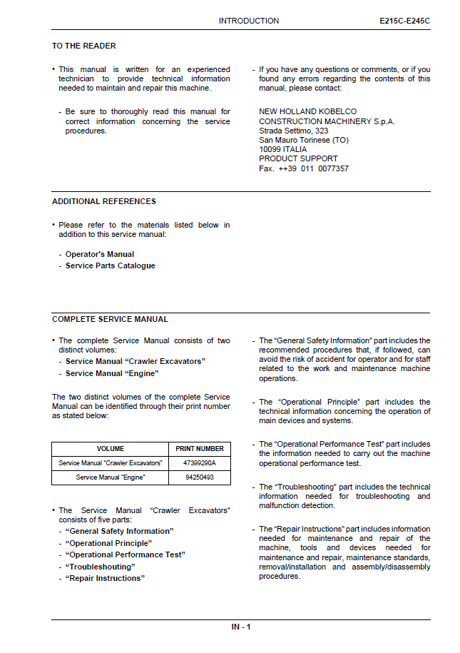 New Holland E215C and E245C Crawler Excavator Workshop and Repair Handbook 47399290A (PDF)