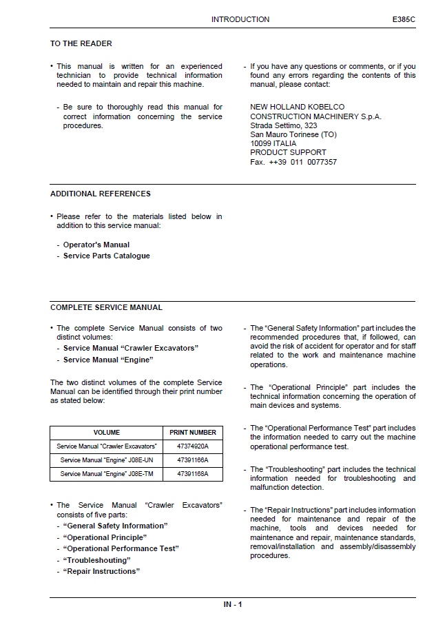New Holland E385C Crawler Excavator Workshop and Repair Handbook 47374920A (PDF)