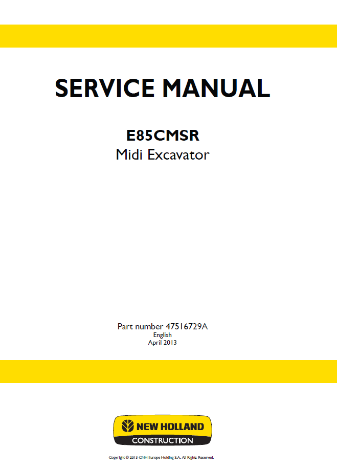 New Holland E85CMSR Midi Excavator Workshop Service Manual (47516729A PDF)