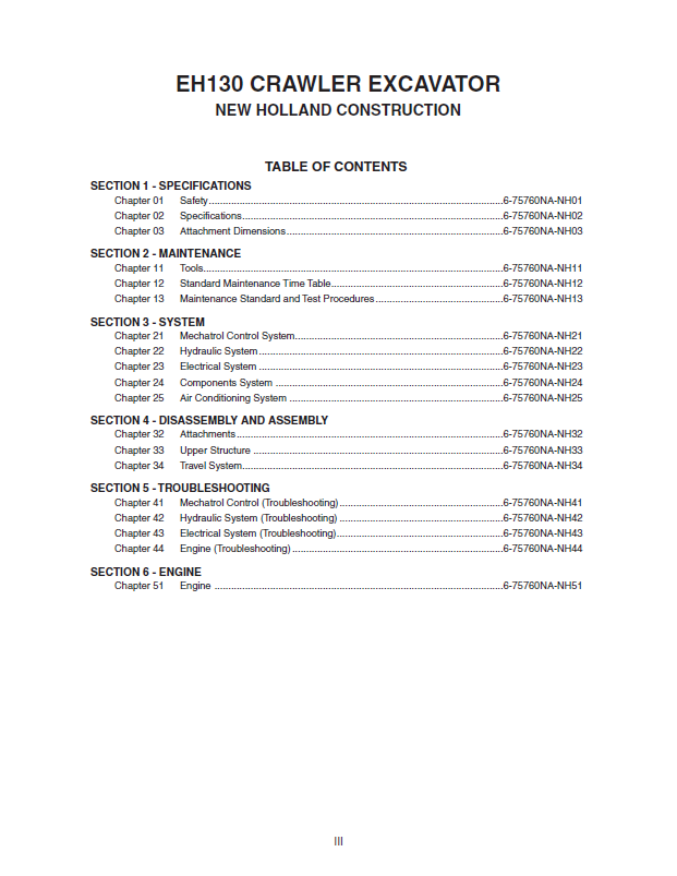 New Holland EH130 Excavator Workshop & Repair Manual 6-75760 PDF