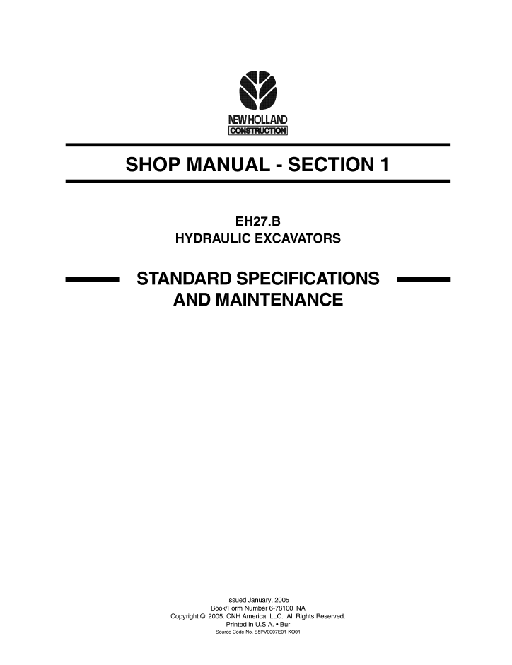 New Holland EH27.B Excavator Workshop & Repair Manual 6-78080NA PDF