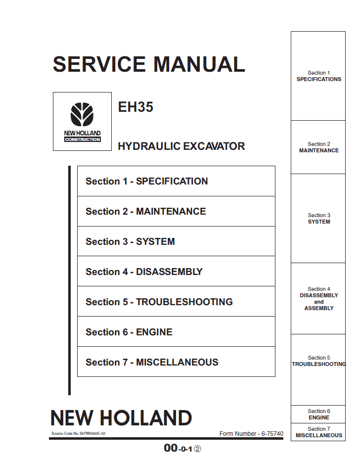 New Holland EH35 Excavator Service Repair Manual 6-75740NA PDF