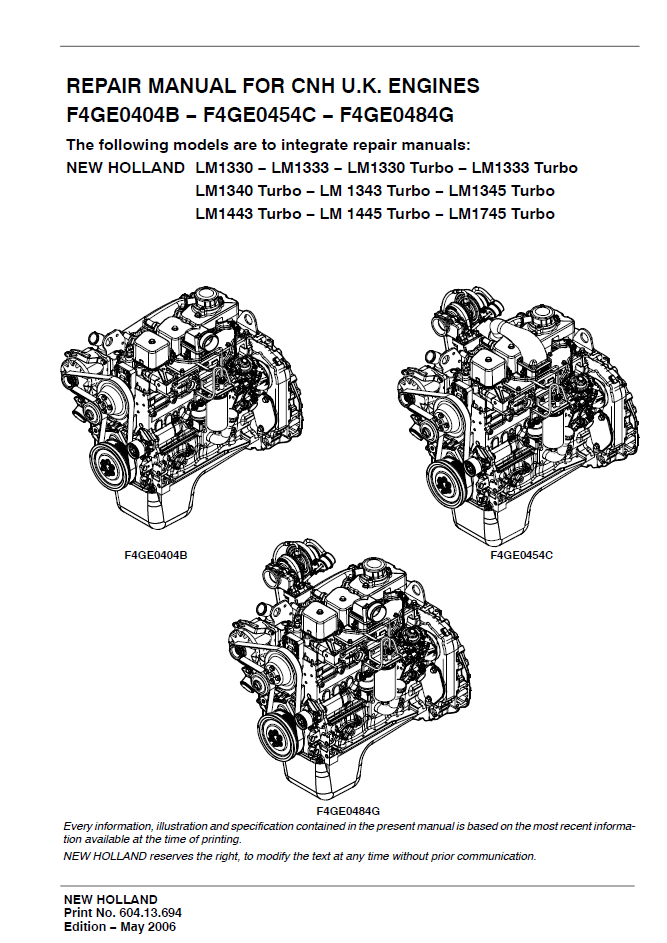 New Holland F4GE0404B F4GE0454C Engine Repair Manual 60413694