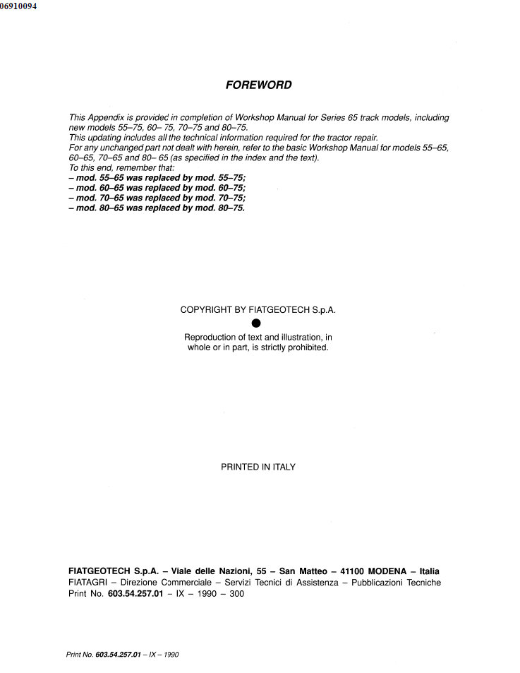 New Holland Fiat 55-75 to 80-75 Tractor Workshop Repair Manual 06910094